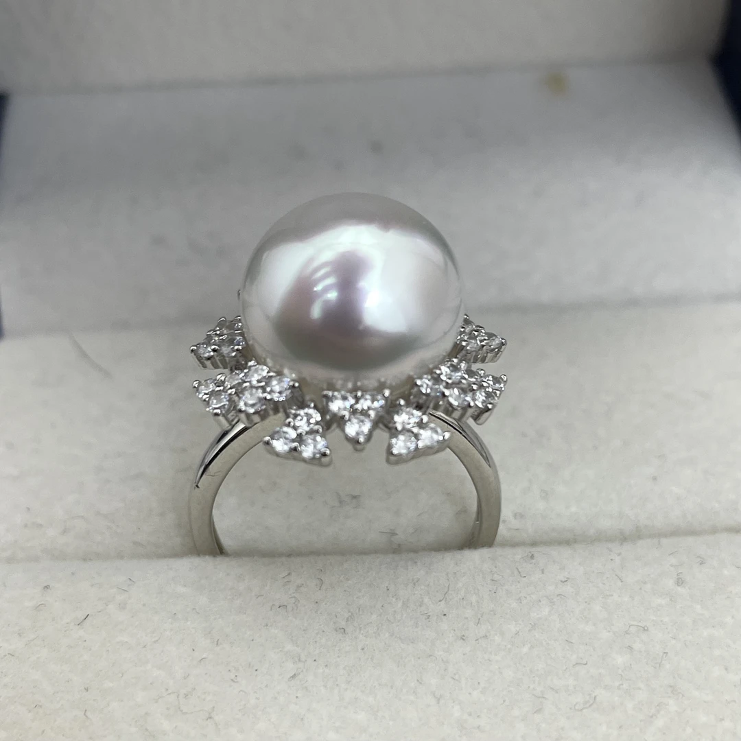 海水珍珠极光澳白13mm戒指几乎无暇S925银镶嵌