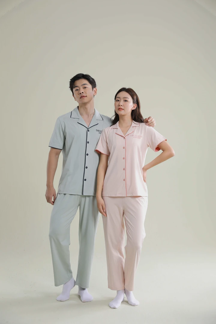 男女睡衣情侣长裤家居服套装春夏夏季家居服纯色短袖舒适舒适