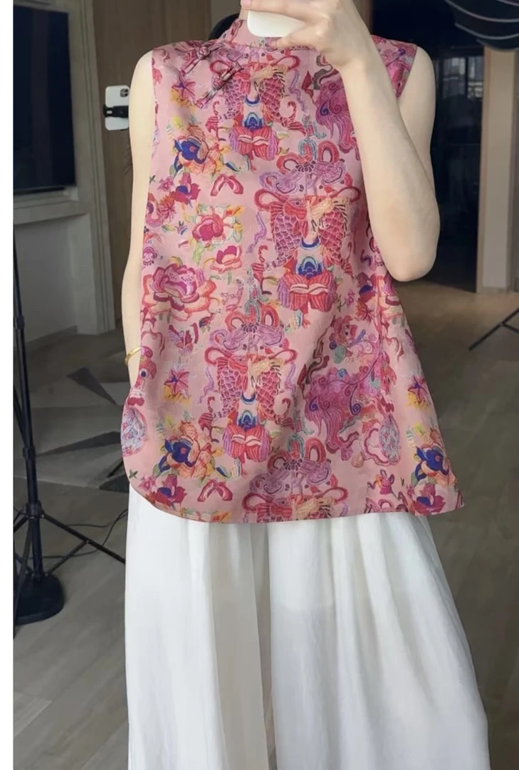 2025新款新中式提花无袖中长款上衣