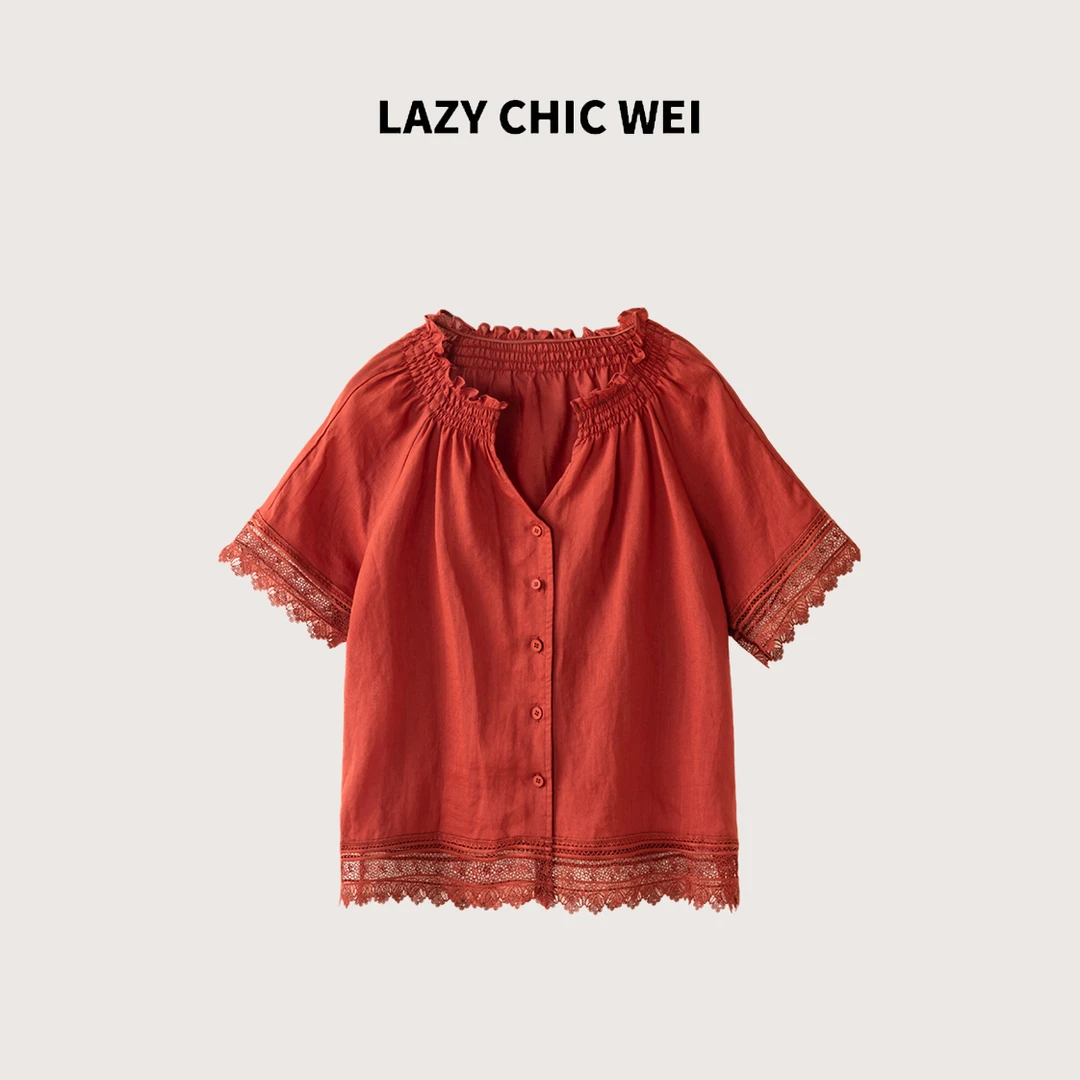 WEI “红蔷薇”100亚麻法式木耳边蕾丝拼接上衣 2505SSW5253