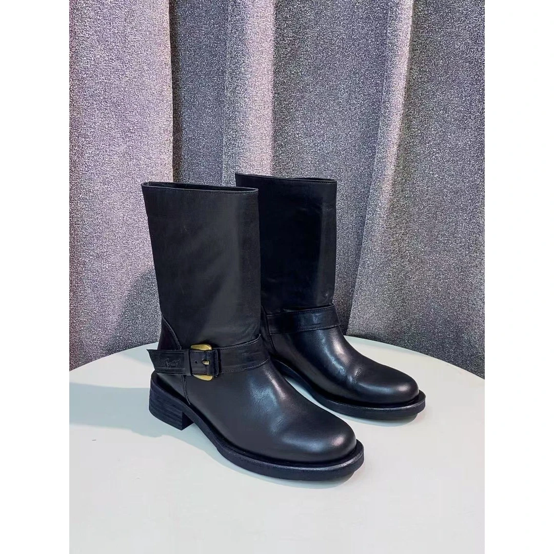 C2386 黑色 高端粗跟圆头真皮厚底短靴 马丁靴