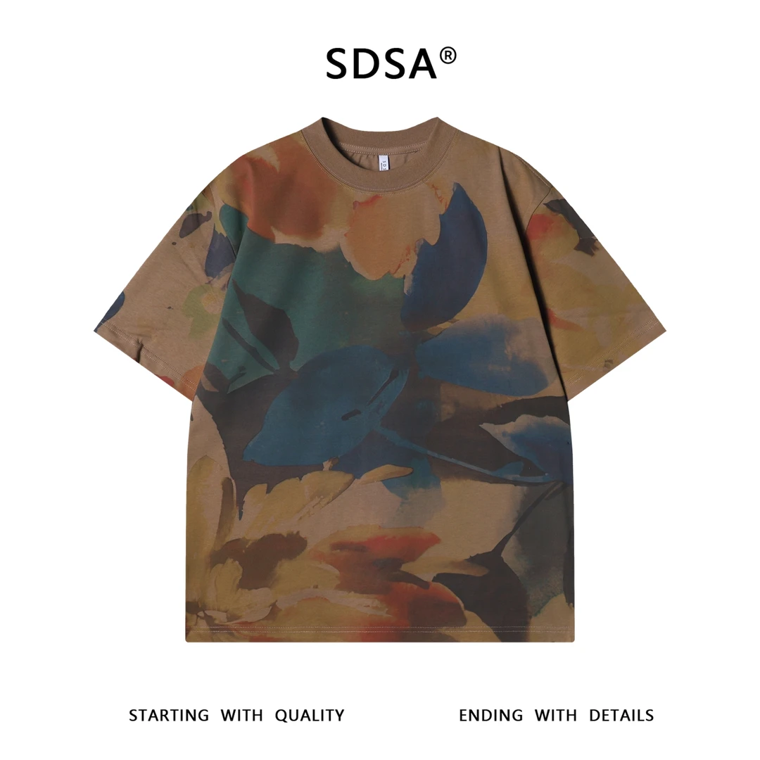 夏季高级感新款潮牌设计感抽象绘画撞色圆领短袖T恤百搭抽绳上衣