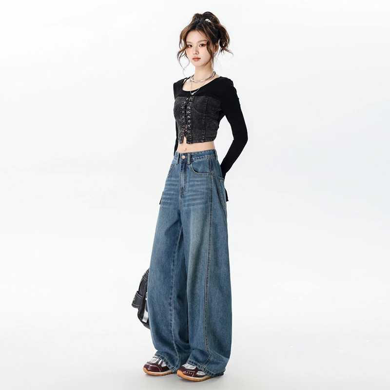 阔腿个性弯刀裤2025春秋款高腰百搭宽松遮肉牛仔裤女深蓝复古蓝裤