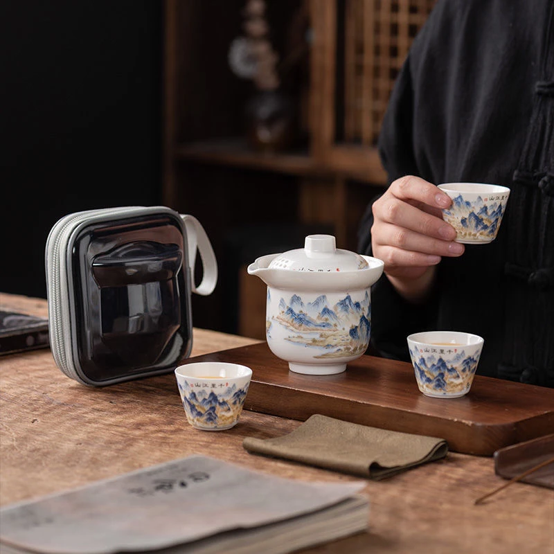 德化白瓷千里江山快客杯便携式旅行茶具一壶三杯KK0515