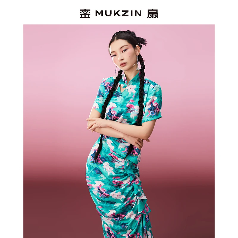 密扇绿色缎面新中式印花小上衣M233A04001601