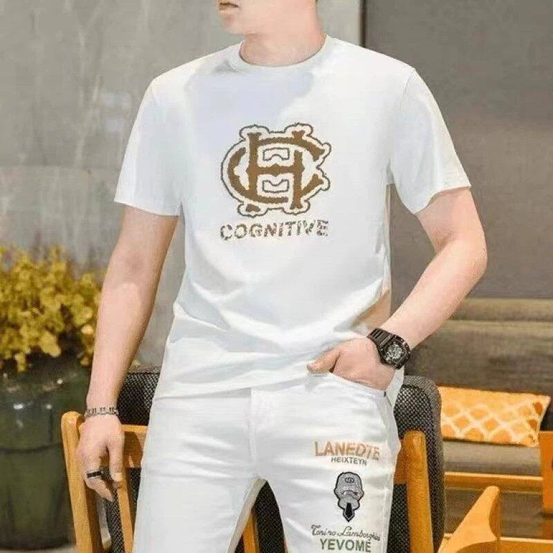 欧洲站夏季新款男士时尚欧版潮流帅气休闲个性圆领修身百搭短袖