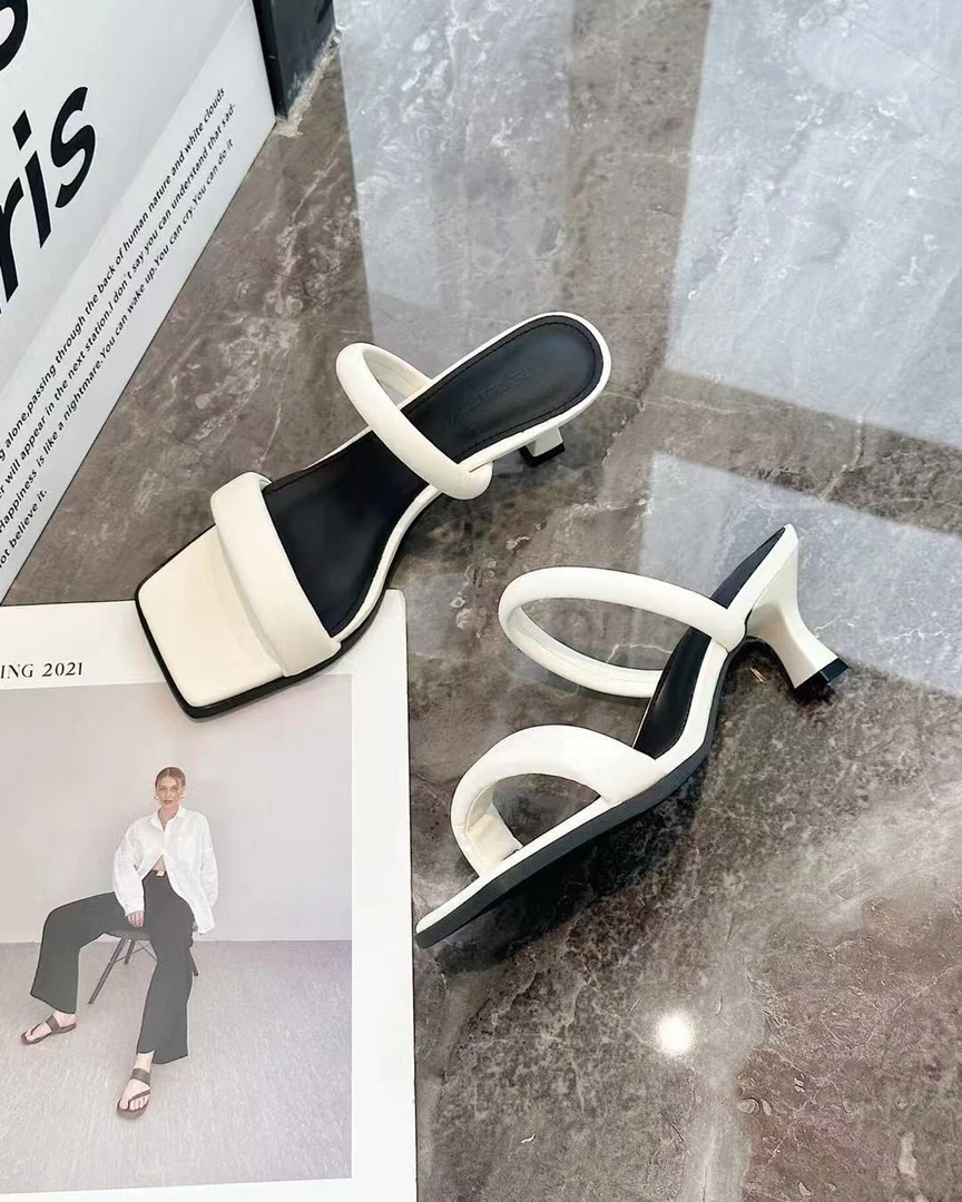 69-596小跟凉拖外穿女夏季新款一字带法式方头软皮舒适简约拖鞋