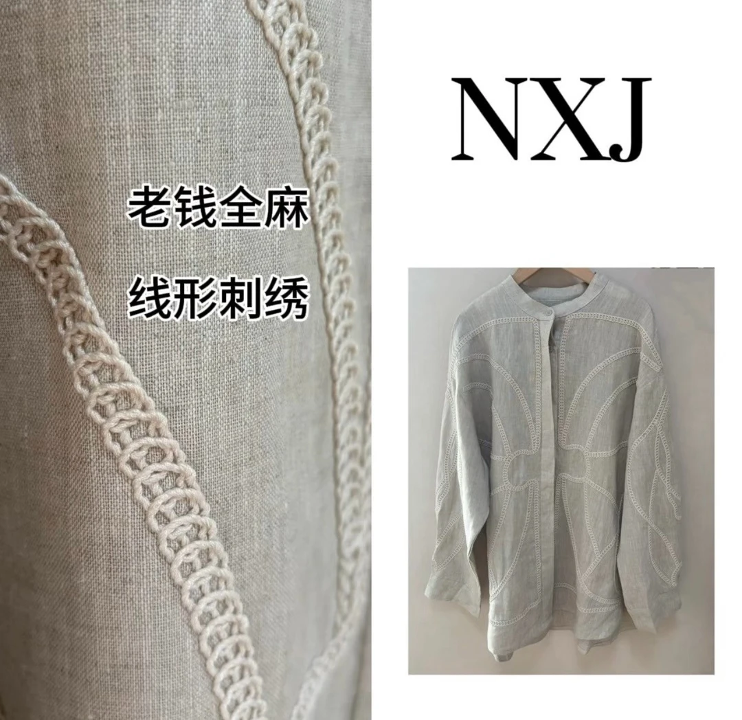 NXJ【大姐大】微胖大码 欧货几何刺绣全麻宽松大版衬衫 250417SS