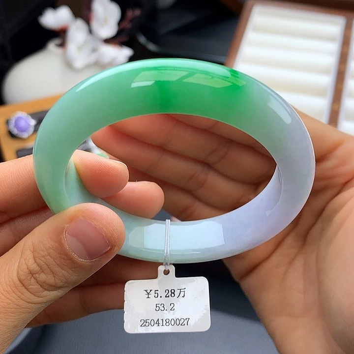 未镶嵌手镯翡翠53.5春彩正圈