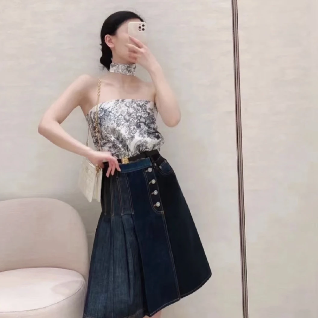 99新 DIOR/迪奥 cc072 Dior拼接百褶牛仔半身裙 34码棉