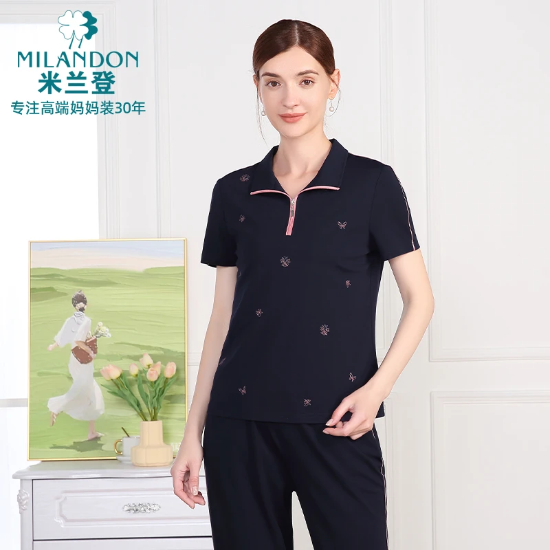 MILANDON/米兰登2025夏绣花翻领休闲短袖T恤上衣女透气1Q2T1142X