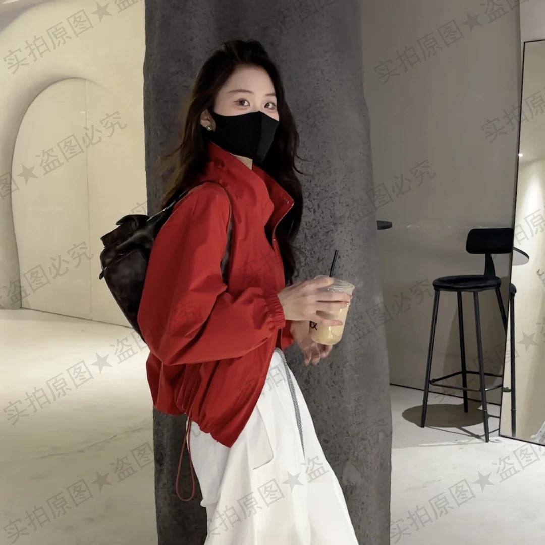 欧货红色立领抽绳防晒上衣女2025秋季新款百搭防晒衫小个子短上衣
