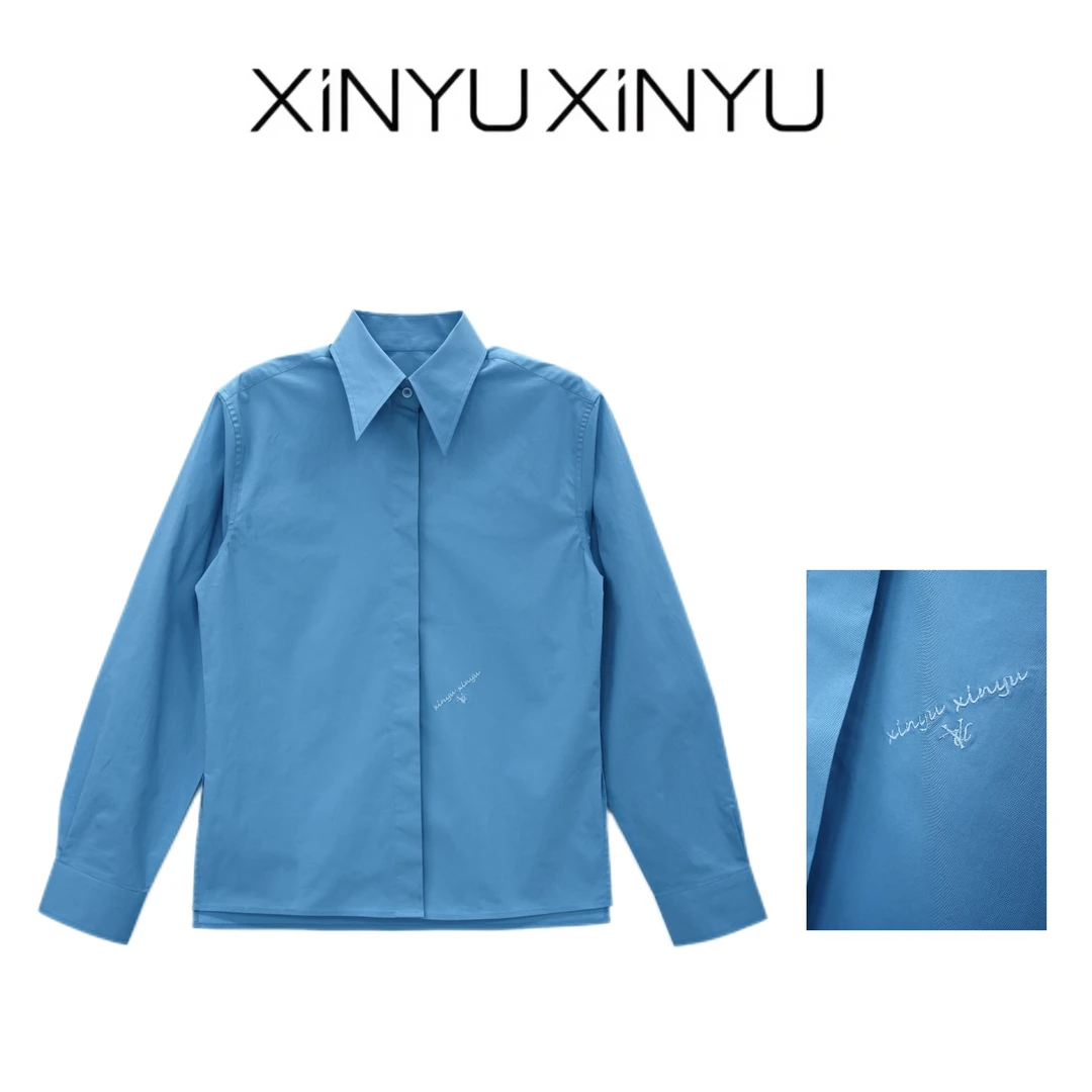 XINYU/芯与小翻尖领腰部刺绣logo衬衫 131400 时尚 衬衣 简约