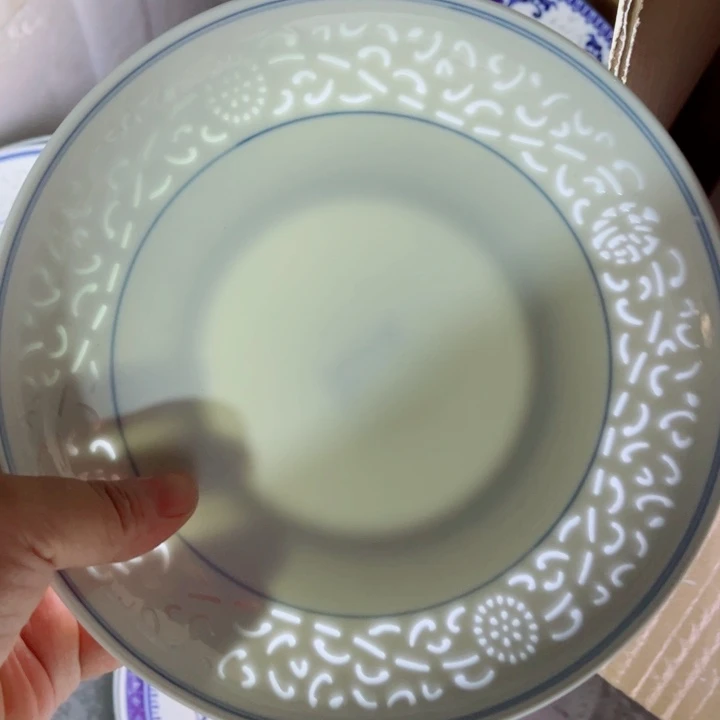青花玲珑8寸窝盘满雕双福双线