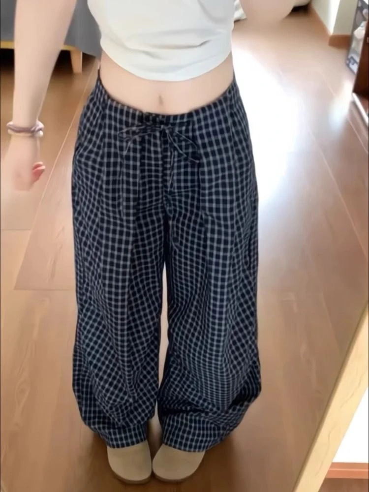 肌理慵懒感抽身格子裤遛弯休闲长裤夏季宽松低腰裤子美式复古bf