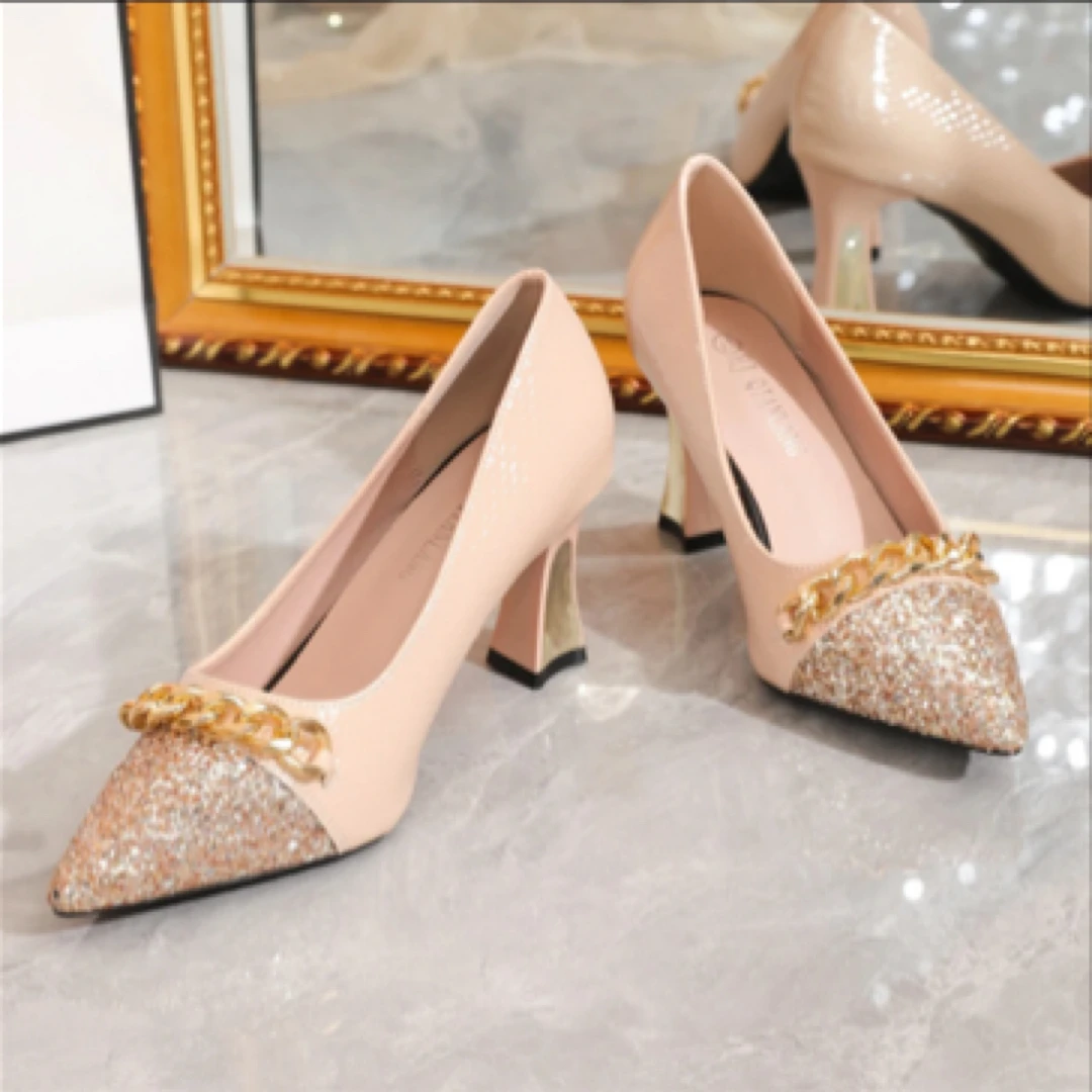 2318-7气质时尚百搭春季高跟尖头跟鞋夏季真皮法式粗跟浅口中跟