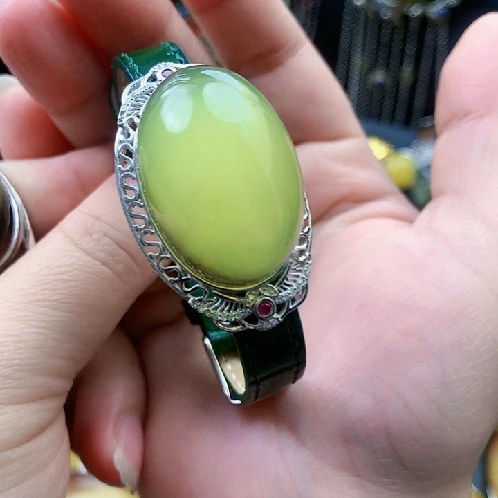 琥珀裸石银S925镶嵌手镯