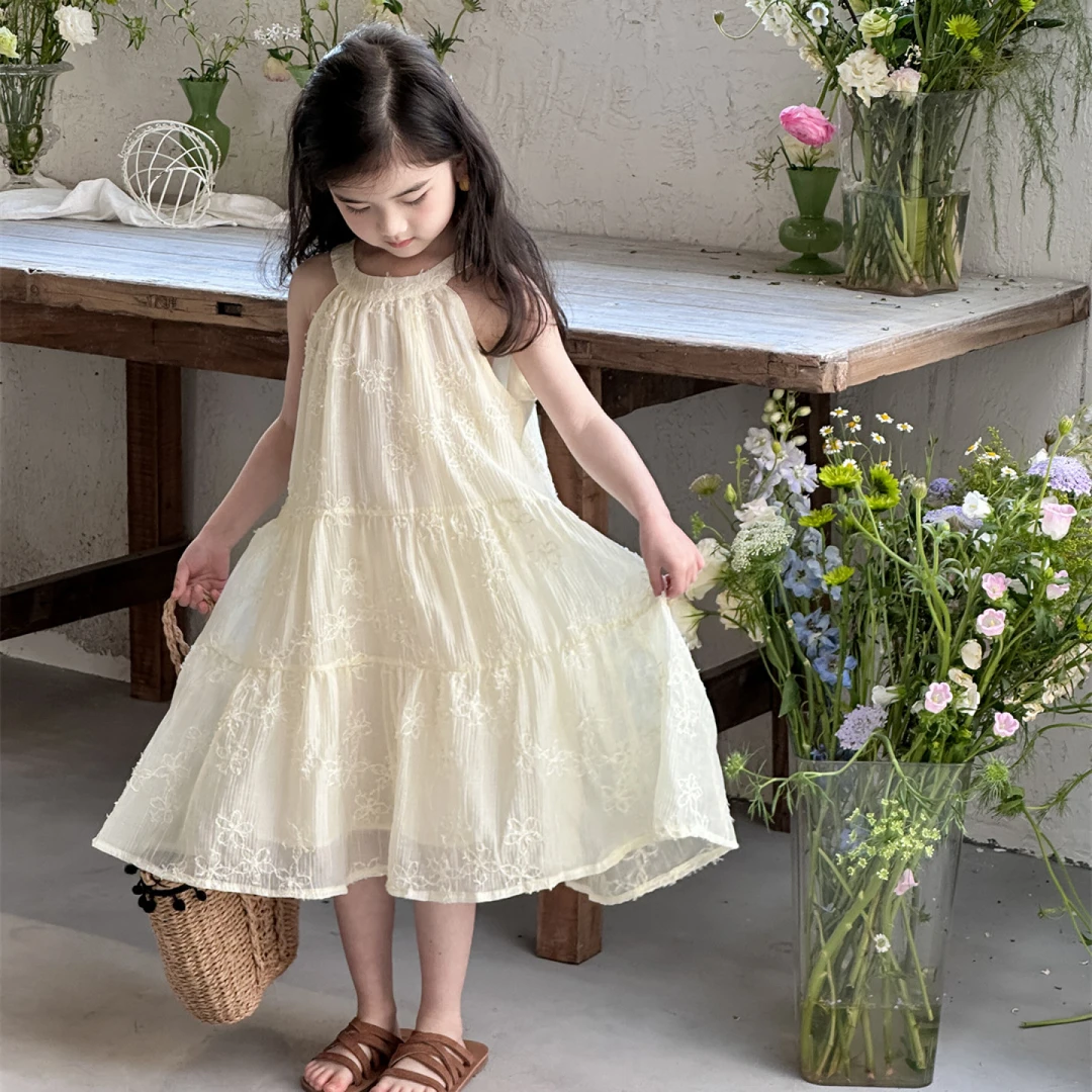 女童夏季小仙女蕾丝露肩沙滩长裙度假吊带裙子挂脖连衣裙W-39022