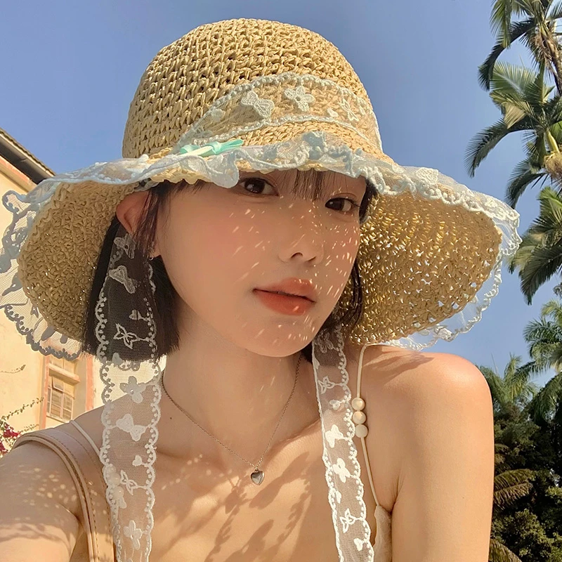 法式蝴蝶结蕾丝飘带草帽女夏季大帽檐镂空渔夫帽子海边沙滩太阳帽