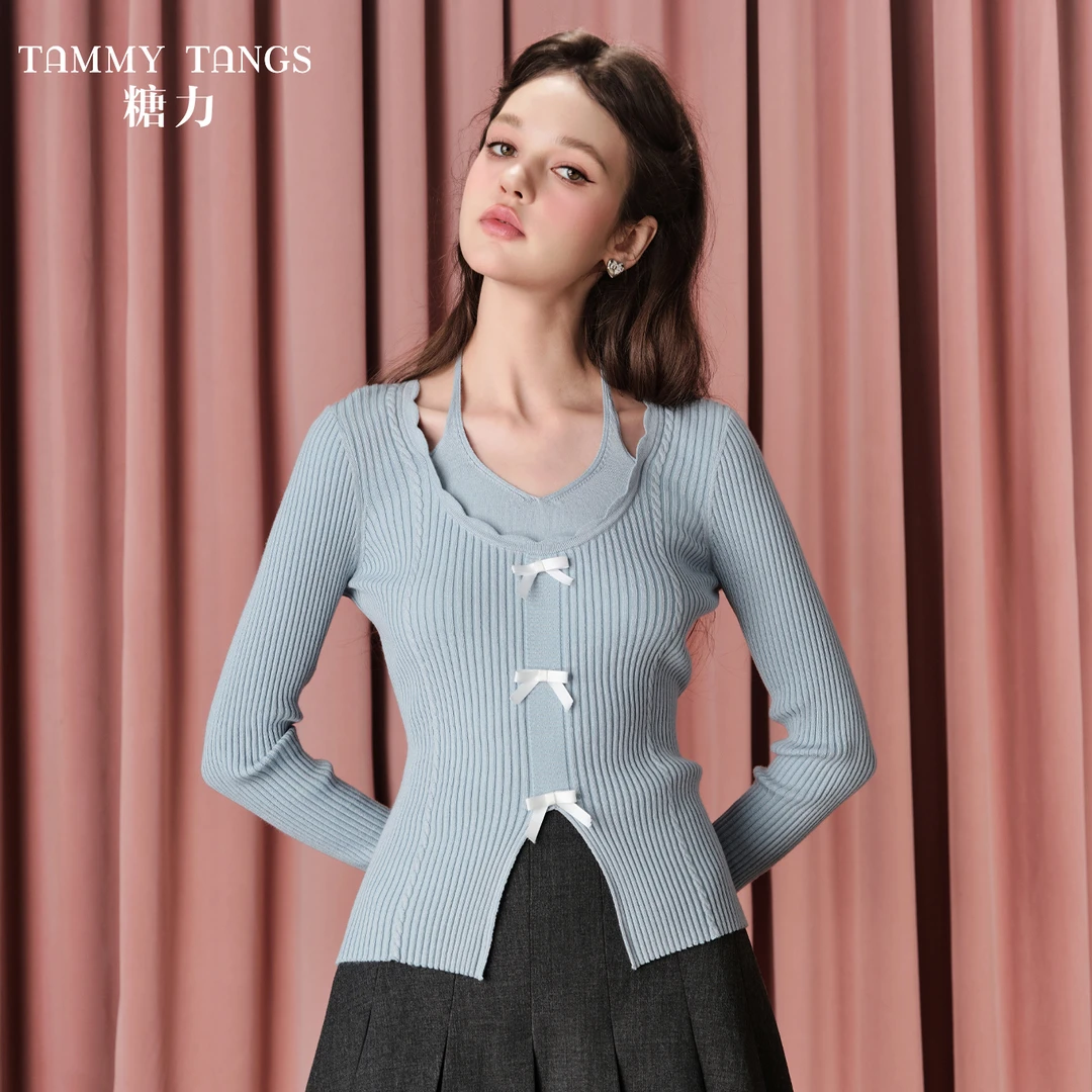 【老板娘夏天】糖力假两件挂脖针织衫女春秋修身打底衫上衣