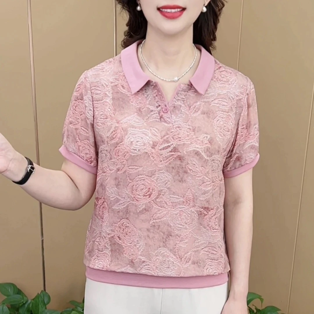 夏季新款精致翻领印花洋气妈妈装显瘦百搭薄款女士短袖上衣