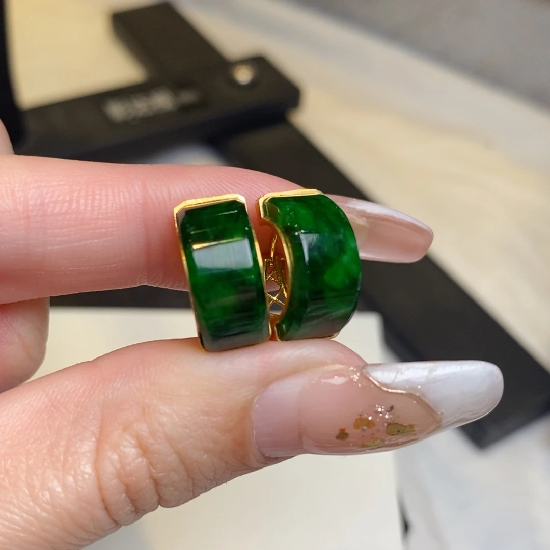 翡翠耳饰18K金镶嵌冰辣色圈圈