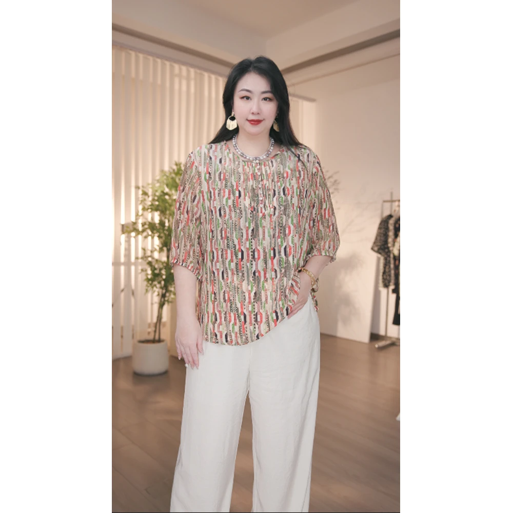 大码胖mm圆领复古衬衫宽松五分袖提花夏季薄款百搭休闲宽松型T恤