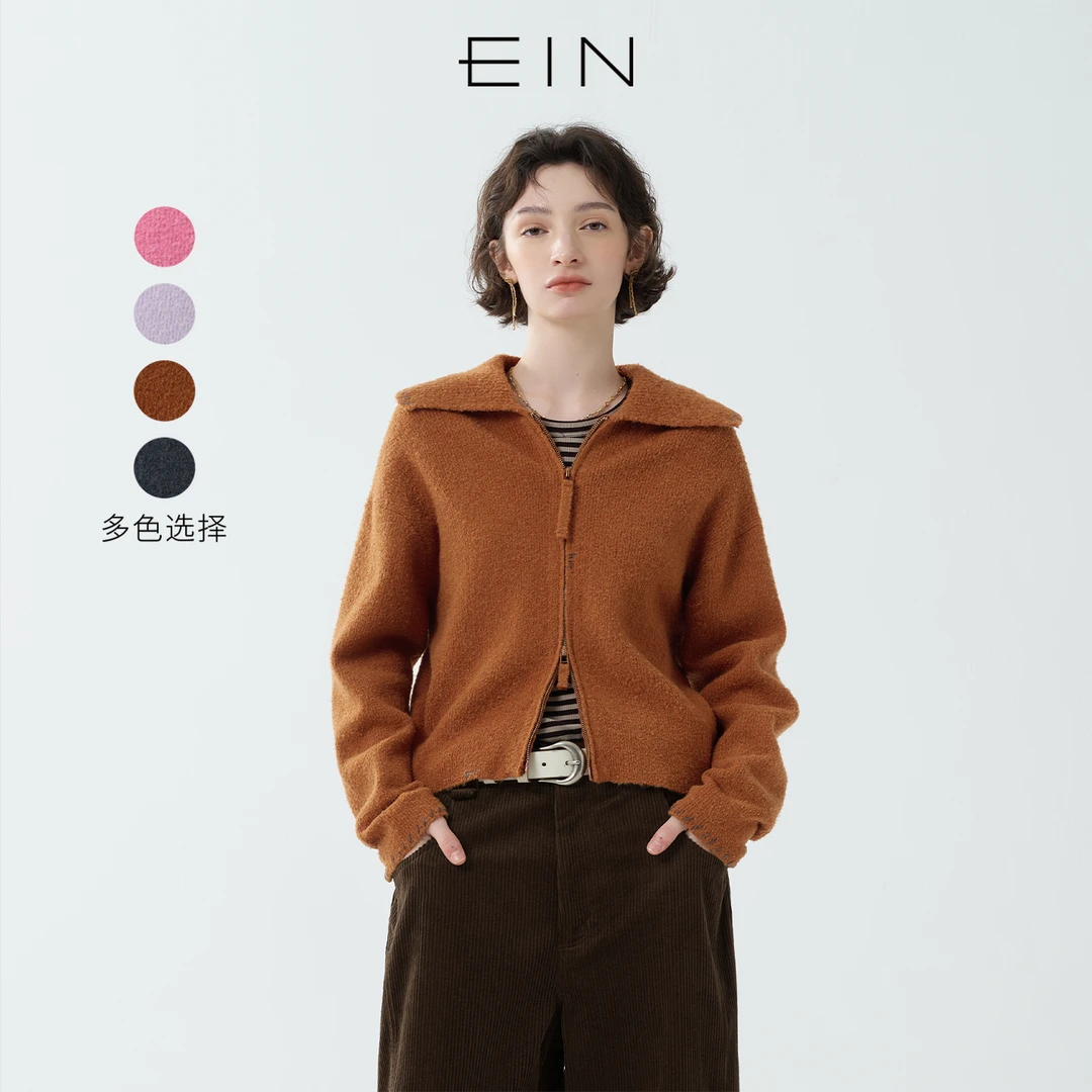 EIN/言云柔针织海军领双头拉链线迹刺绣毛衫外套2025早秋新款