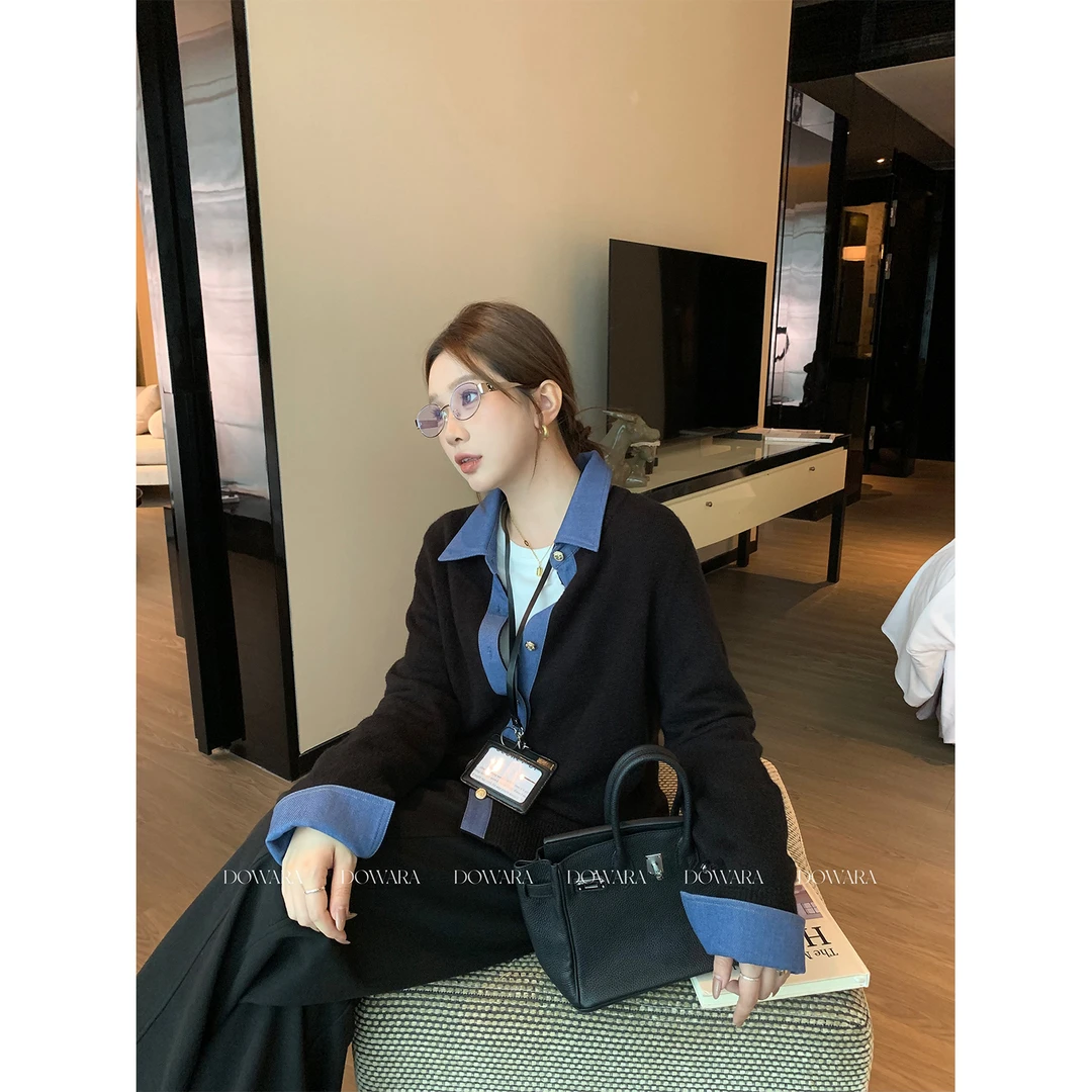 现货大婉酱微胖定制【知性欧尼】绵羊毛气质假两件毛织开衫女2741D