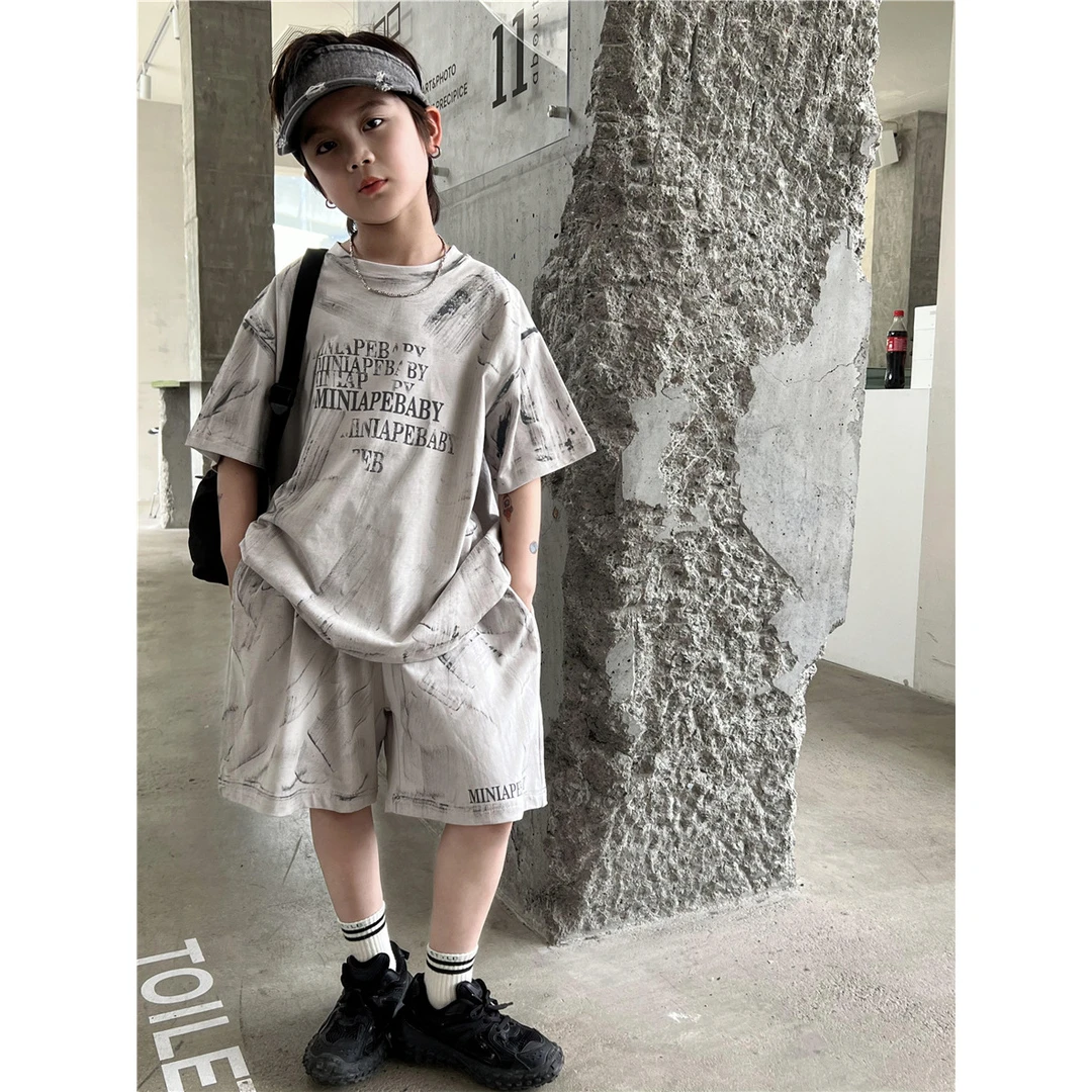 【Tang小白】2025夏款儿童短袖套装破碎字母手工画漆洋气短袖短套