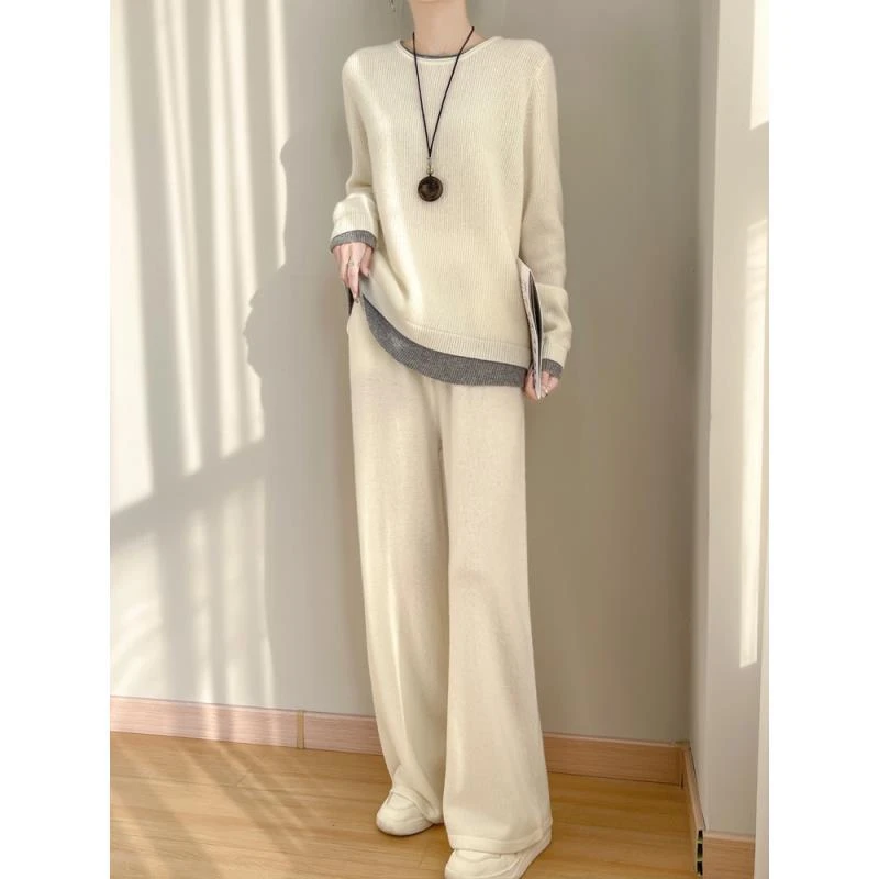 【套装巨美】100%超细羊毛慵懒风休闲时尚保暖羊毛衫+羊毛裤ZM143