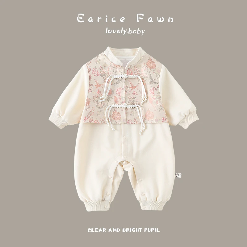 XD婴儿衣服宝宝春季连体衣国风超萌洋气哈衣假两件外出长袖可爱爬