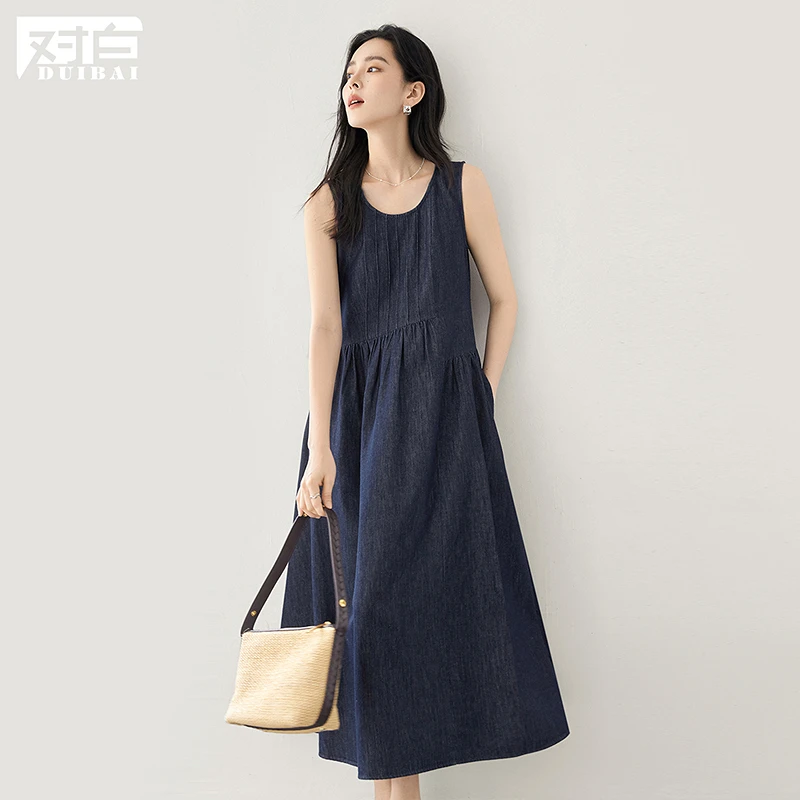 【陈西贝专属】D01对白复古休闲牛仔连衣裙圆领背心裙长裙FDQ057