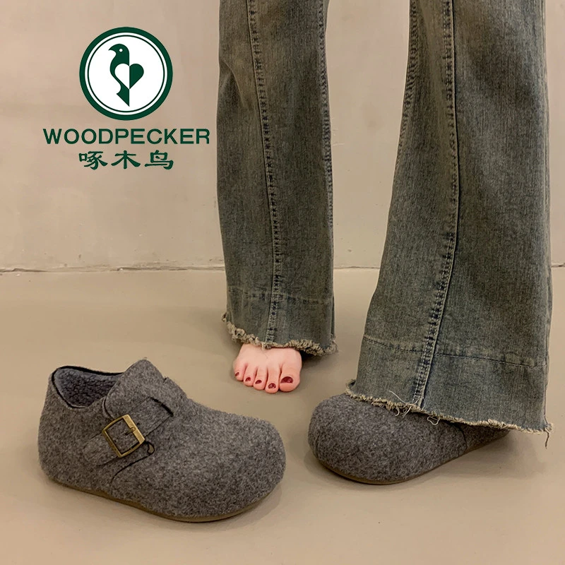啄木鸟厚底勃肯鞋女款2025新款冬季加绒面包鞋毛毛棉鞋保暖雪地靴