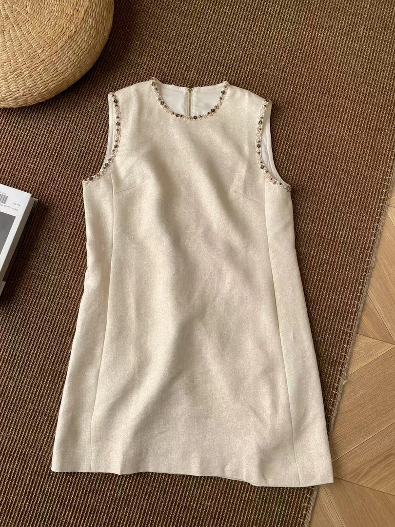 yu hee 【精致感】高品质金丝亚麻手工串珠无袖连衣裙女
