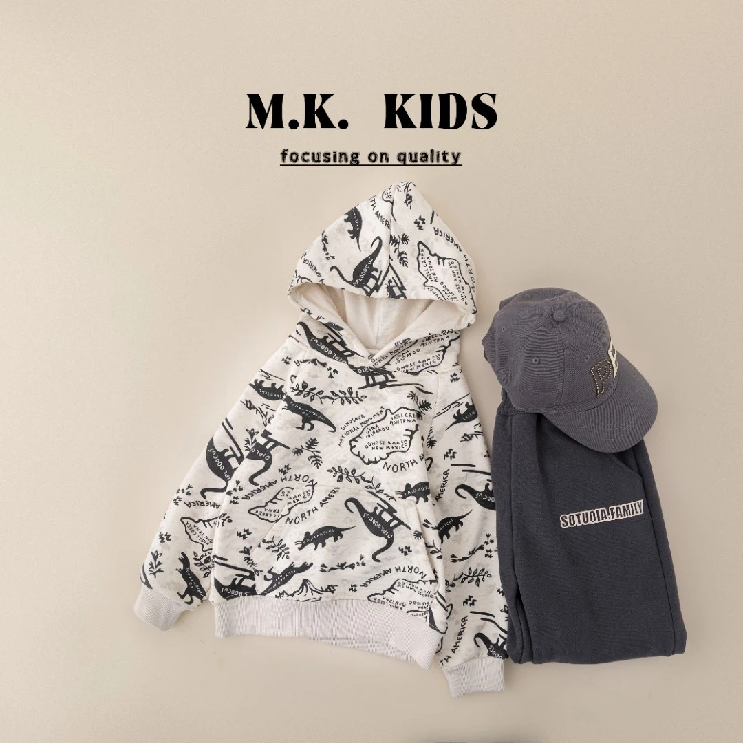 MK品牌现货儿童冬款加绒带帽连帽卫衣恐龙卫衣套头秋季DA70039