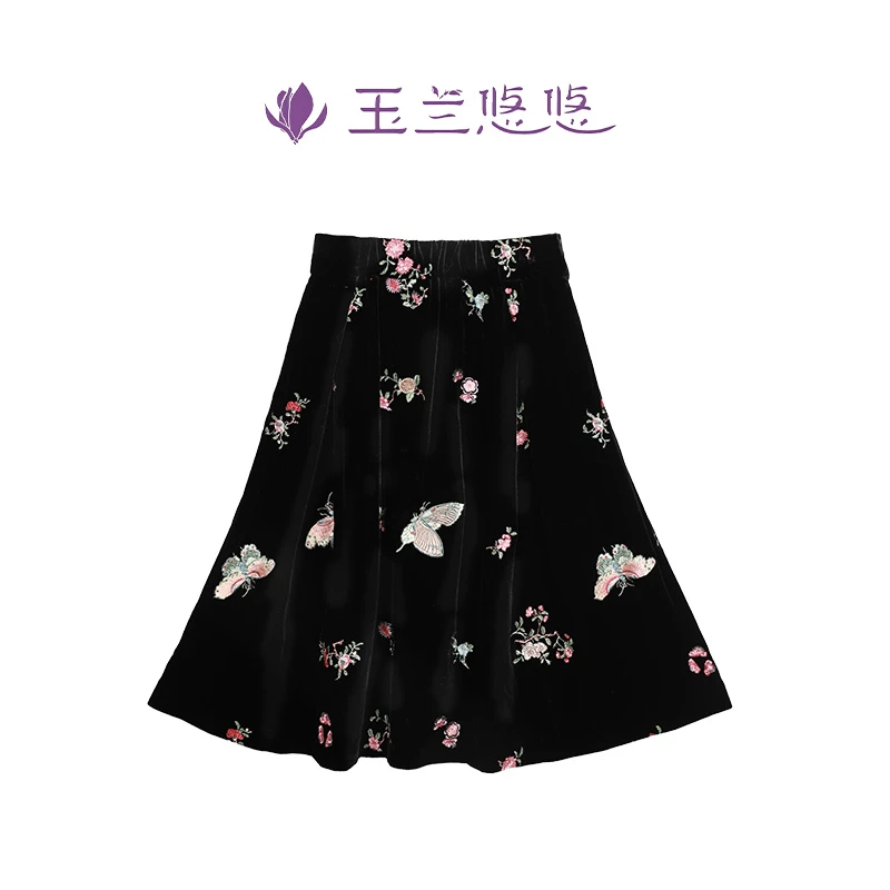 玉兰悠悠2025新款冬季"福叠"刺绣丝绒半裙桑蚕丝法式气质A子裙女