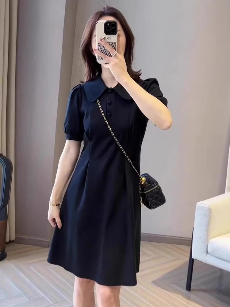 黑色Polo领连衣裙女夏季大码胖mm宽松气质减龄赫本风泡泡短袖裙子