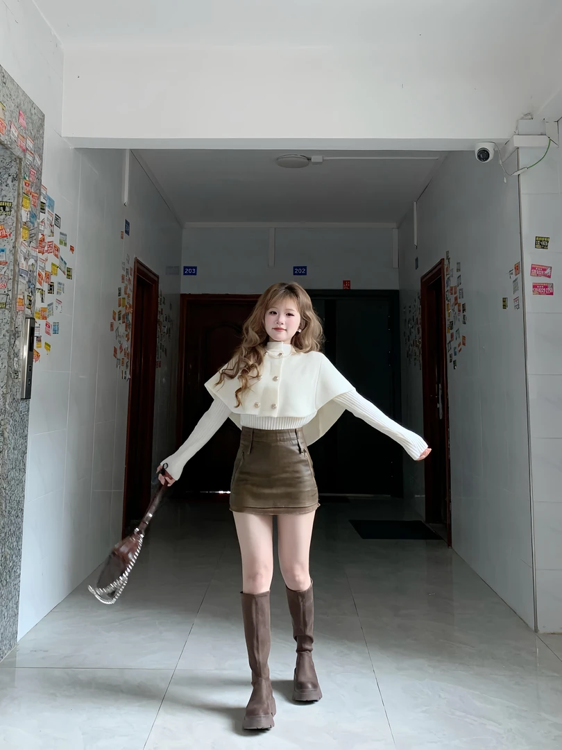 【巴黎漫步】法式气质斗篷长袖针织衫双排扣上衣棕色修身半身裙套装