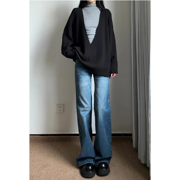 极简经典深v毛衣高级慵懒套头针织小众叠穿宽松秋冬牛仔裤套装
