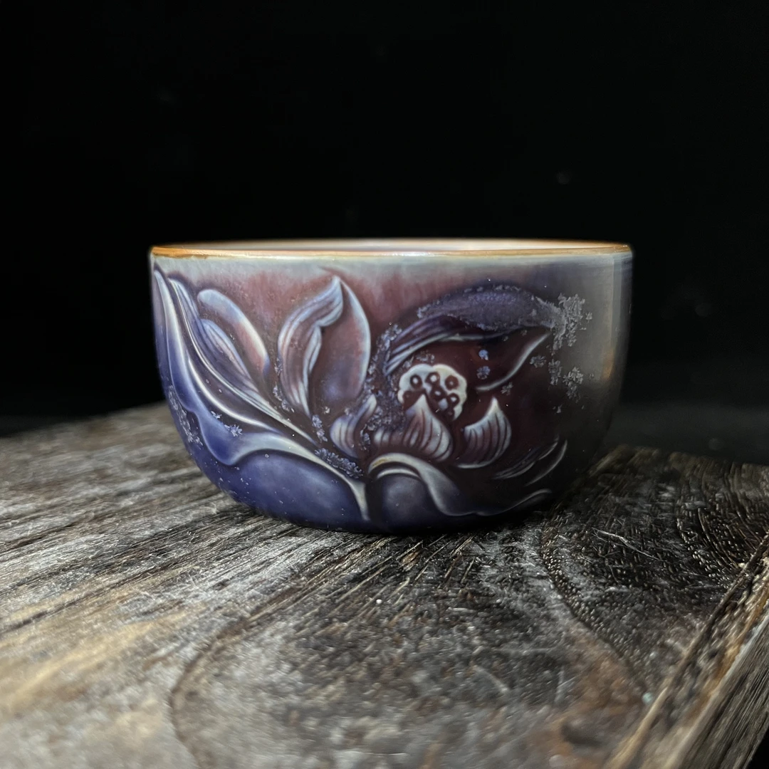 郑都窑郑子辉老师作品纯手工雕刻荷花禅定杯型