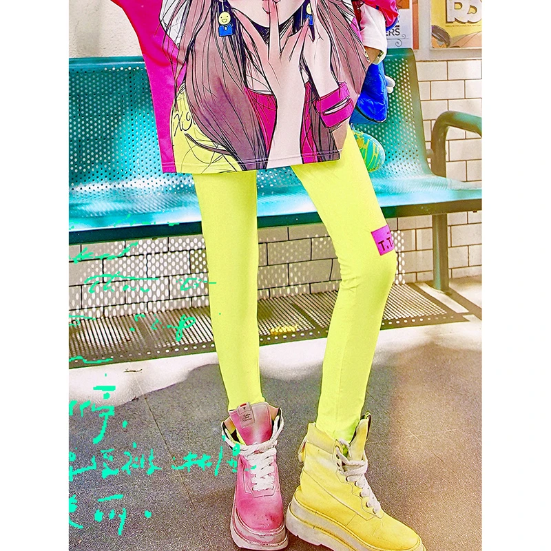 荧光黄彩色打底裤秋新款字母贴布潮牌运动弹力休闲裤小腿裤HKF66