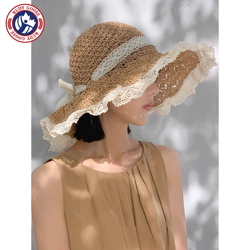 加拿大2025年新款草帽女夏季海边沙滩出游户外防晒蕾丝飘带遮阳帽