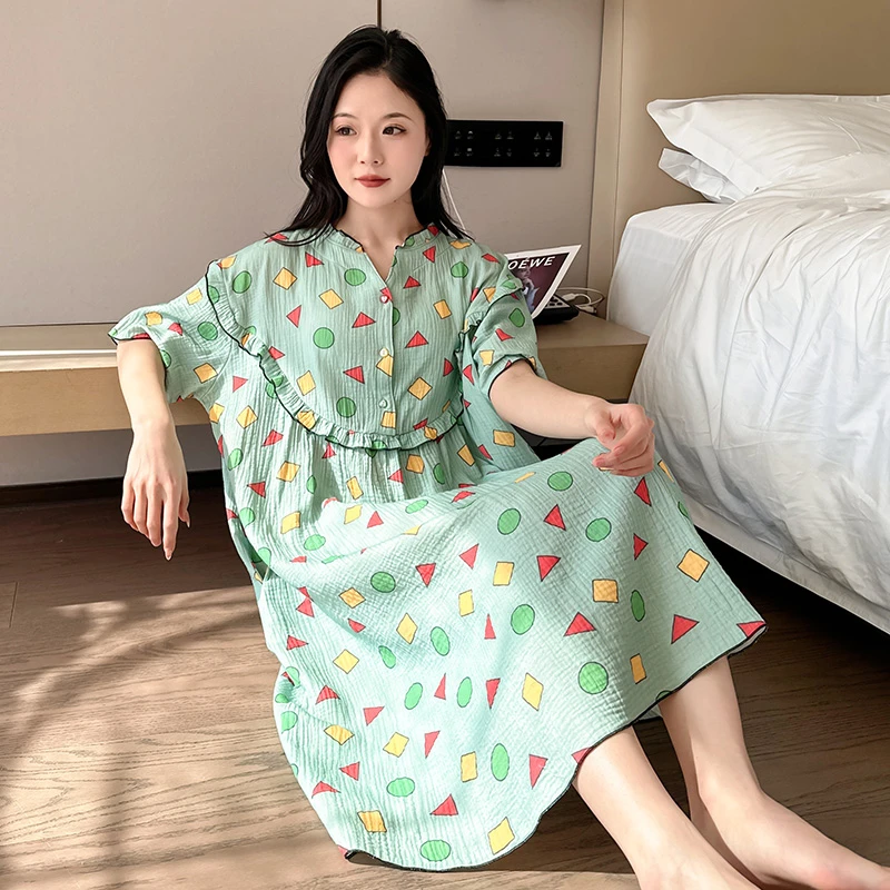夏季大码睡裙女双层纱宽松短袖家居服胖mm200斤时尚印花甜美睡衣