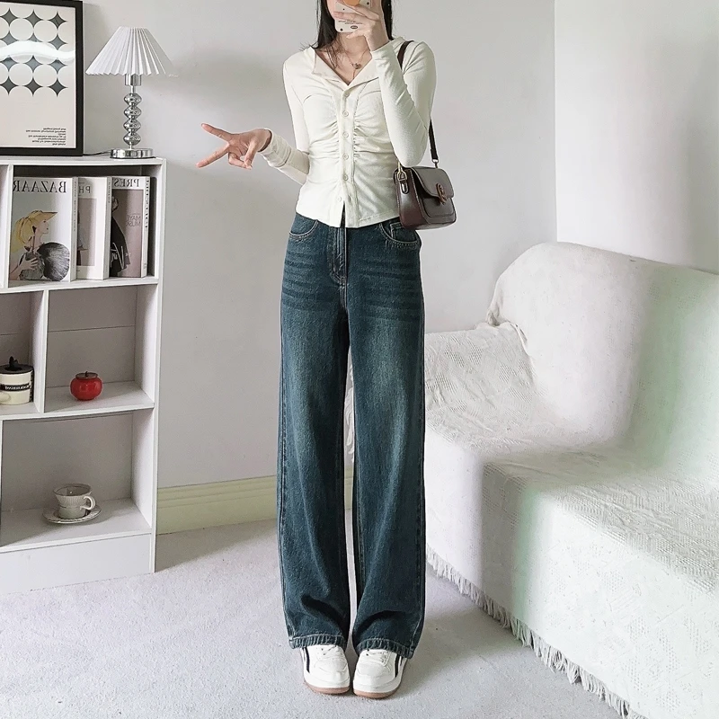 高端亚麻复古阔腿牛仔裤女春季2025年新款显瘦窄版拖地裤直筒长裤