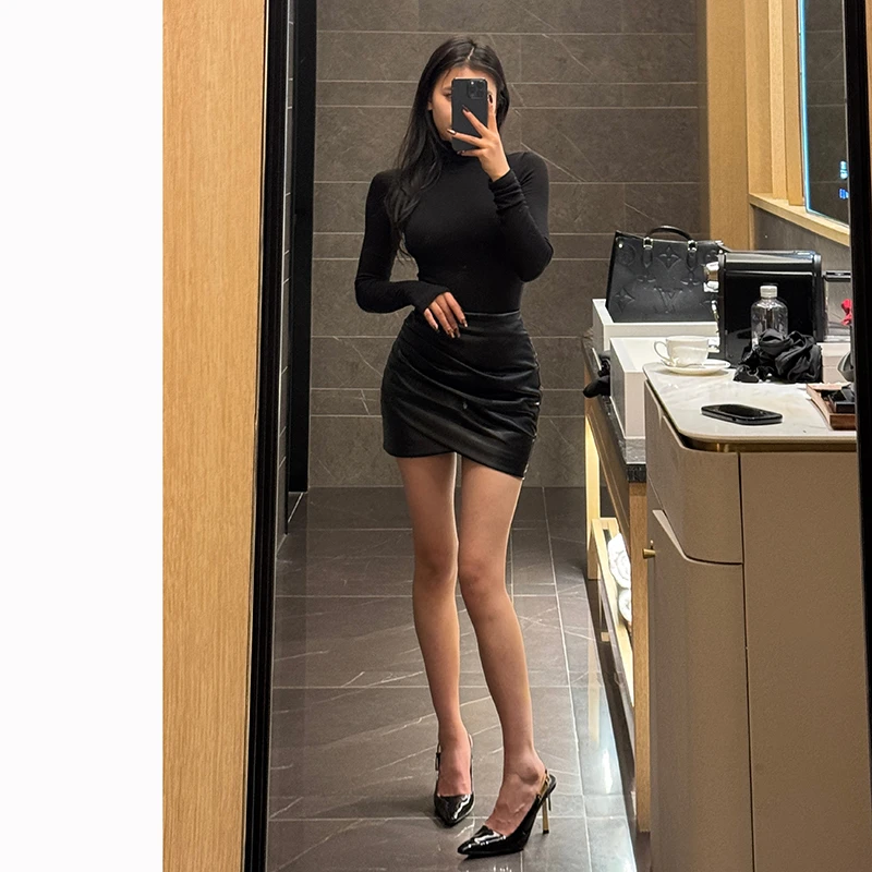 【Glozzzz】交叉层叠褶皱显瘦防走光包臀半身皮裙1130-2