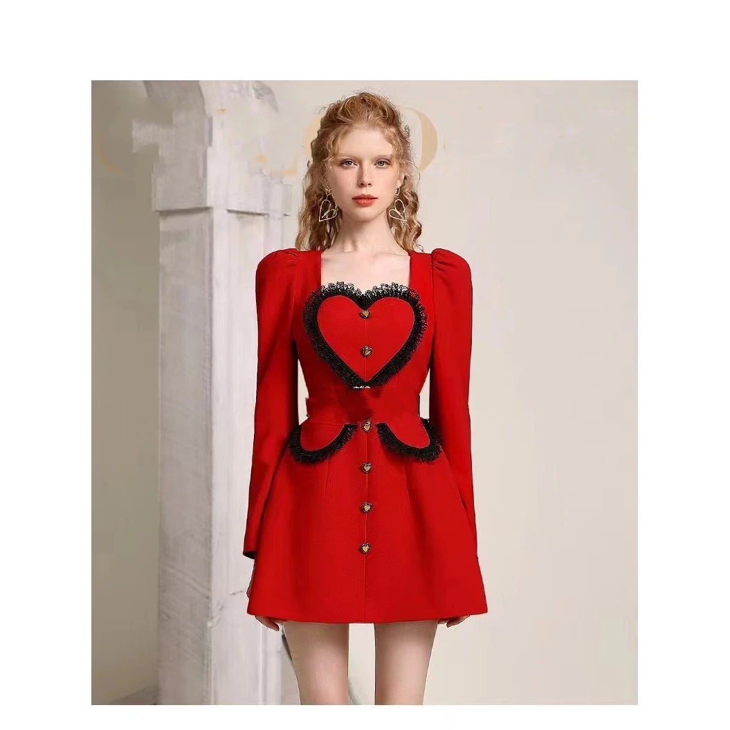 【晨浠定制】新款气质爱心拼蕾丝连衣裙L115