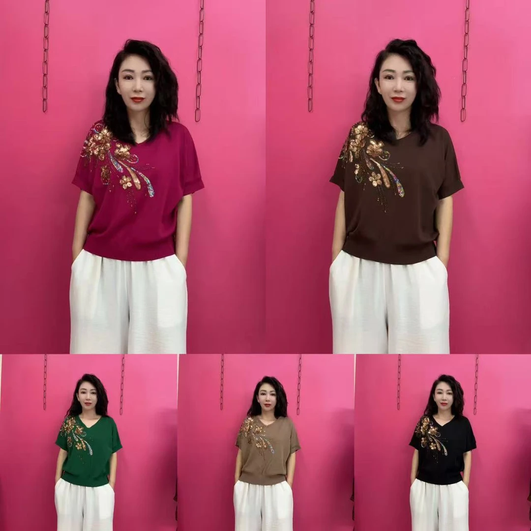 1503款重工艺V领短袖针织衫