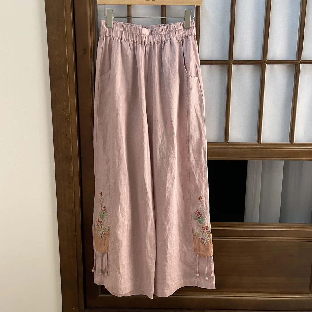 『蝶家』新中式国风刺绣亚麻直筒裤6155