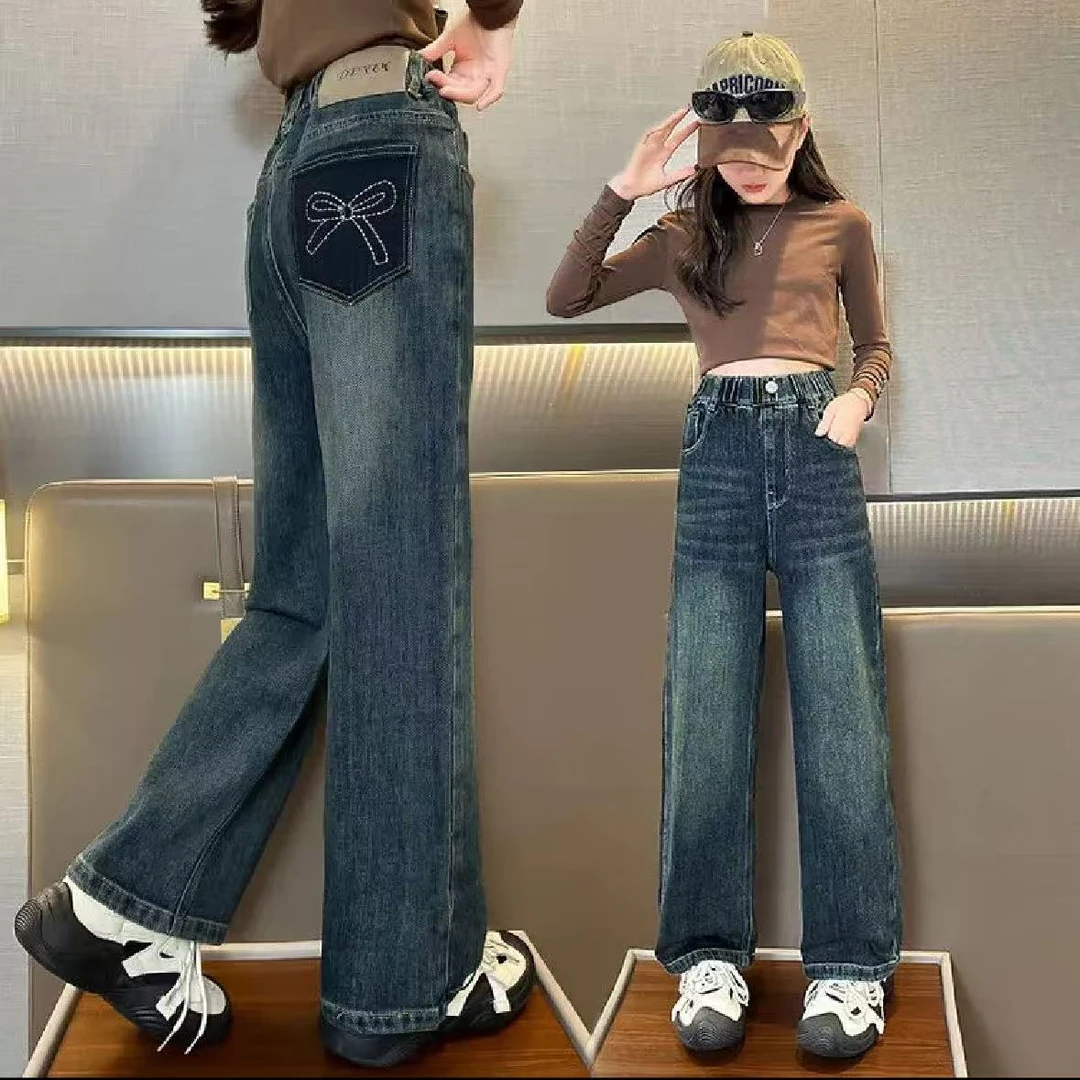 后袋原色蝴蝶结牛仔裤2025春季新款女童阔腿裤高腰显瘦中大童